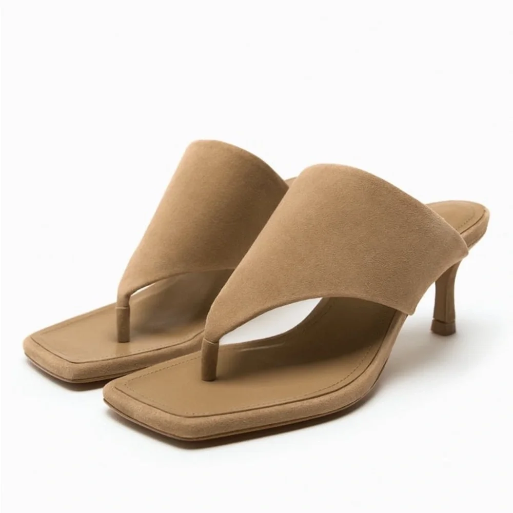 Zara Sandy Brown Toe Post Heeled Suede Leather Sandals - Picture 3 of 12